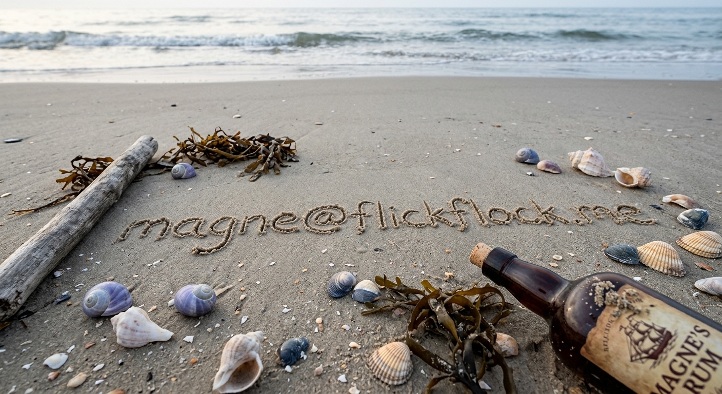 The words 'magne@flickflock.me' written in the sand on a Norwegian beach, surrounded by shells and driftwood