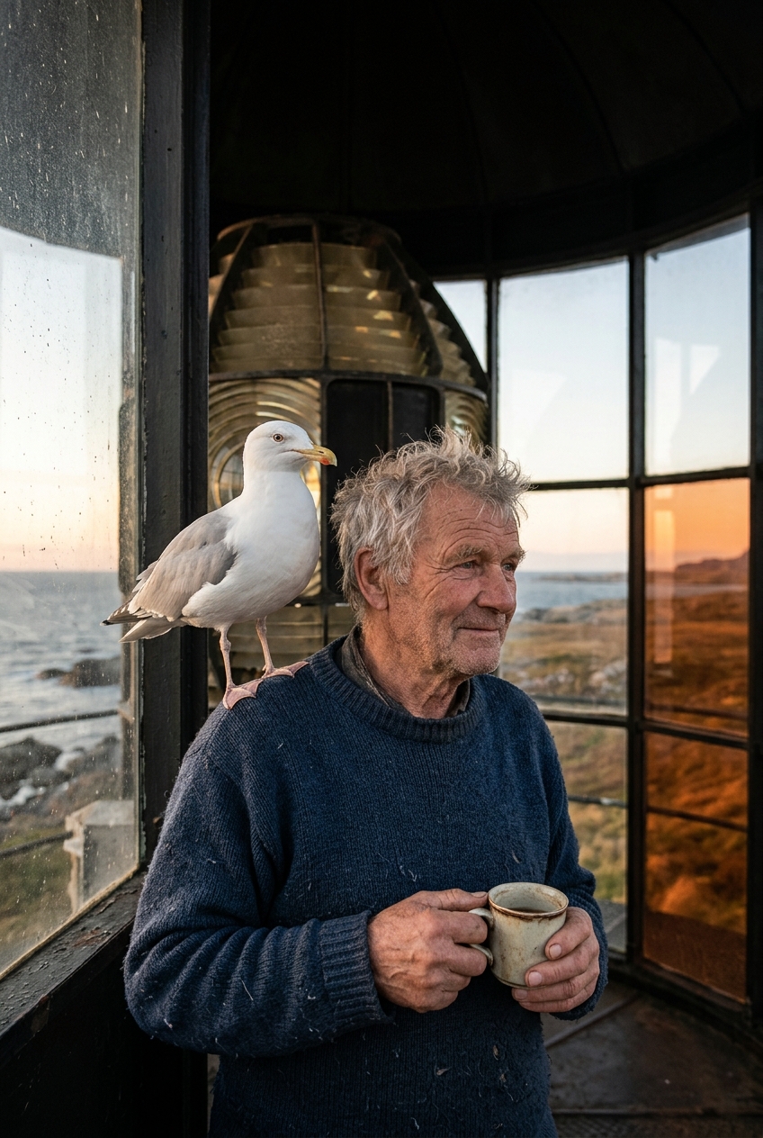 Magne Hendriksen stands in the lighthouse lantern room at sunset, a herring gull perched on his shoulder, holding a mug of coffee
