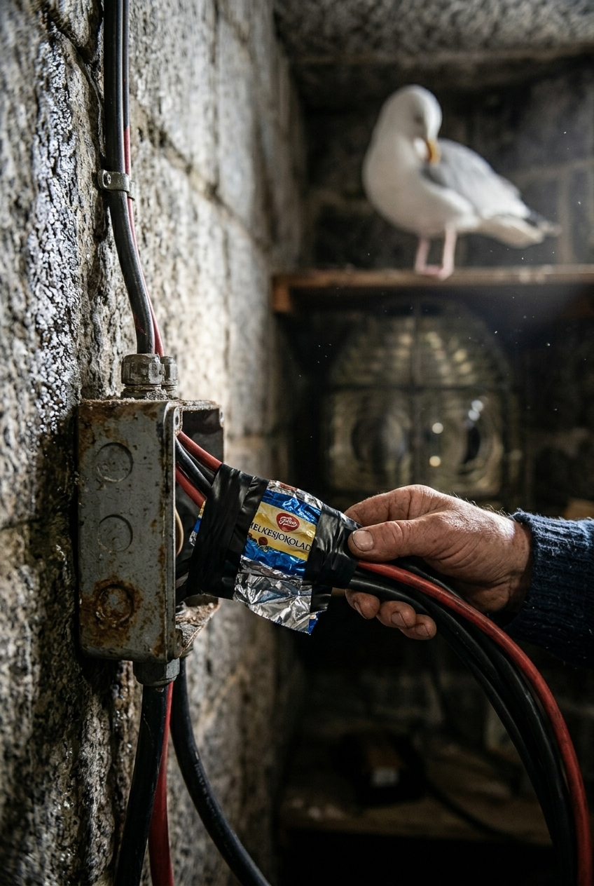 Hands holding a cable junction box repaired with electrical tape and chocolate wrapper foil, a seagull perched behind