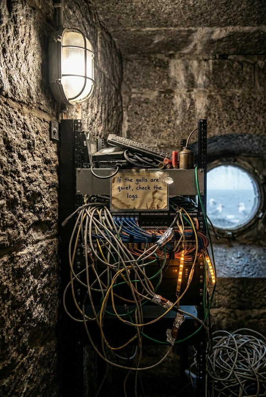 Server rack in a granite basement, a handwritten laminated note taped to the shelf reading 'if the gulls are quiet, check the logs'
